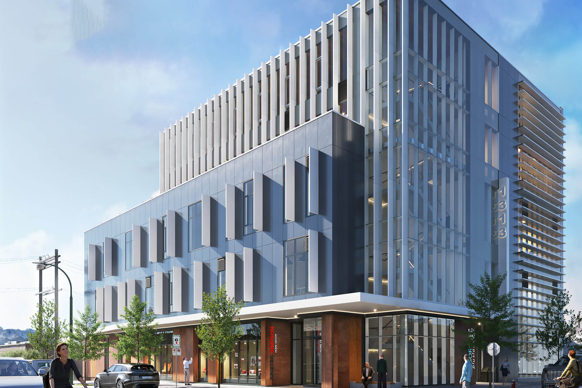 Exterior rendering of the 1313 East Pender commercial building, representing large-scale commercial projects.