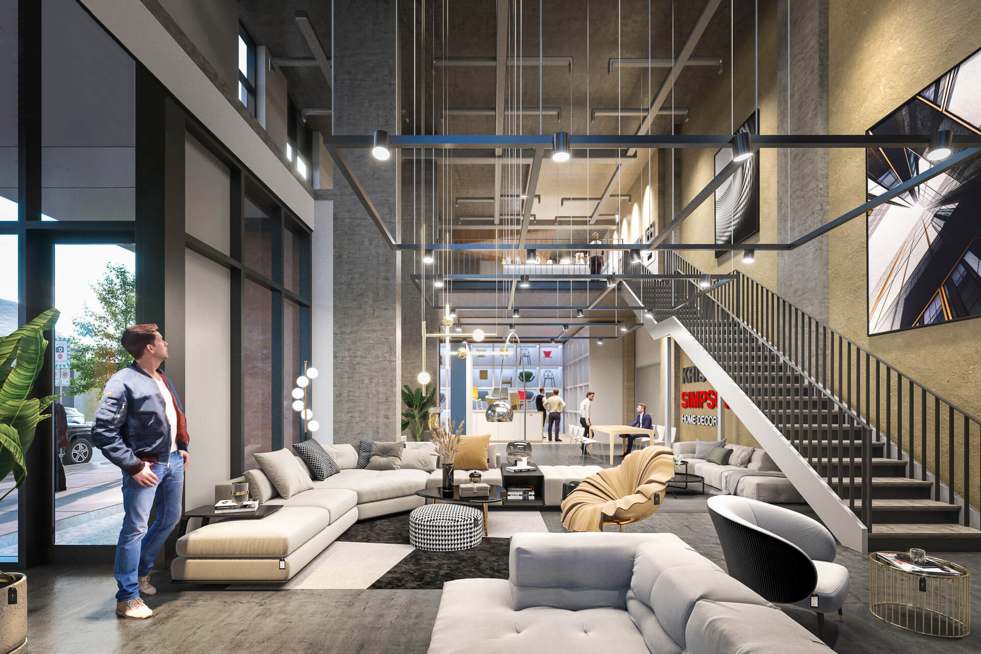 Rendering of the 1313 East Pender showroom interior, showing high ceilings, modern track lighting, and exposed commercial-grade electrical conduit.
